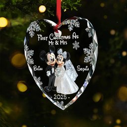 First Christmas As Mr & Mrs - Personalized Mouse Heart Shaped Glass Ornament – view 2