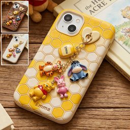Winnie Friends Leather Case & Dangling Charm - Personalized Yellow Bear 3D Embossed Leather Phone Case