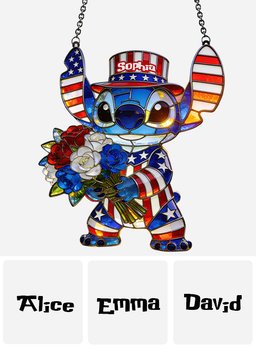 American Patriotic Alien Holding Flowers - Personalized Ohana Window Hanging Suncatcher Ornament – view 7