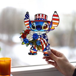 American Patriotic Alien Holding Flowers - Personalized Ohana Window Hanging Suncatcher Ornament – view 4