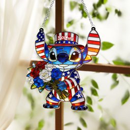 American Patriotic Alien Holding Flowers - Personalized Ohana Window Hanging Suncatcher Ornament – view 2