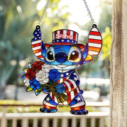 American Patriotic Alien Holding Flowers - Personalized Ohana Window Hanging Suncatcher Ornament – view 5