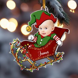 Custom Face Adorable Baby With Santa Sleigh - Personalized Acrylic Photo Ornament – view 4