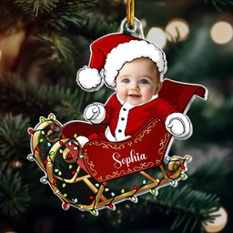 Custom Face Adorable Baby With Santa Sleigh - Personalized Acrylic Photo Ornament – view 2
