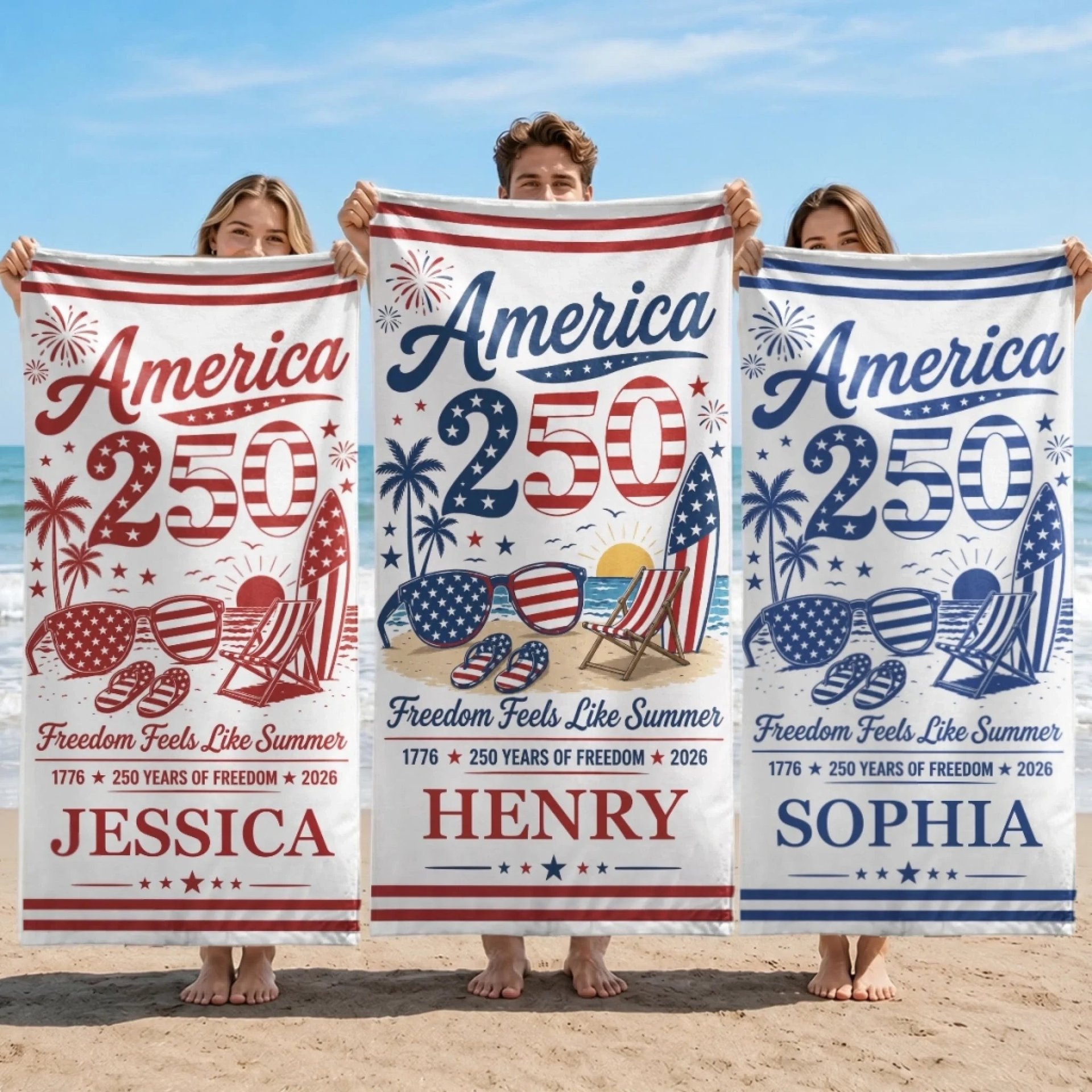 Custom Beach Towel - Personalized America 250th Anniversary, Summer Vacation And Travel Gifts For Mom, Dad, Brother, Sister, 