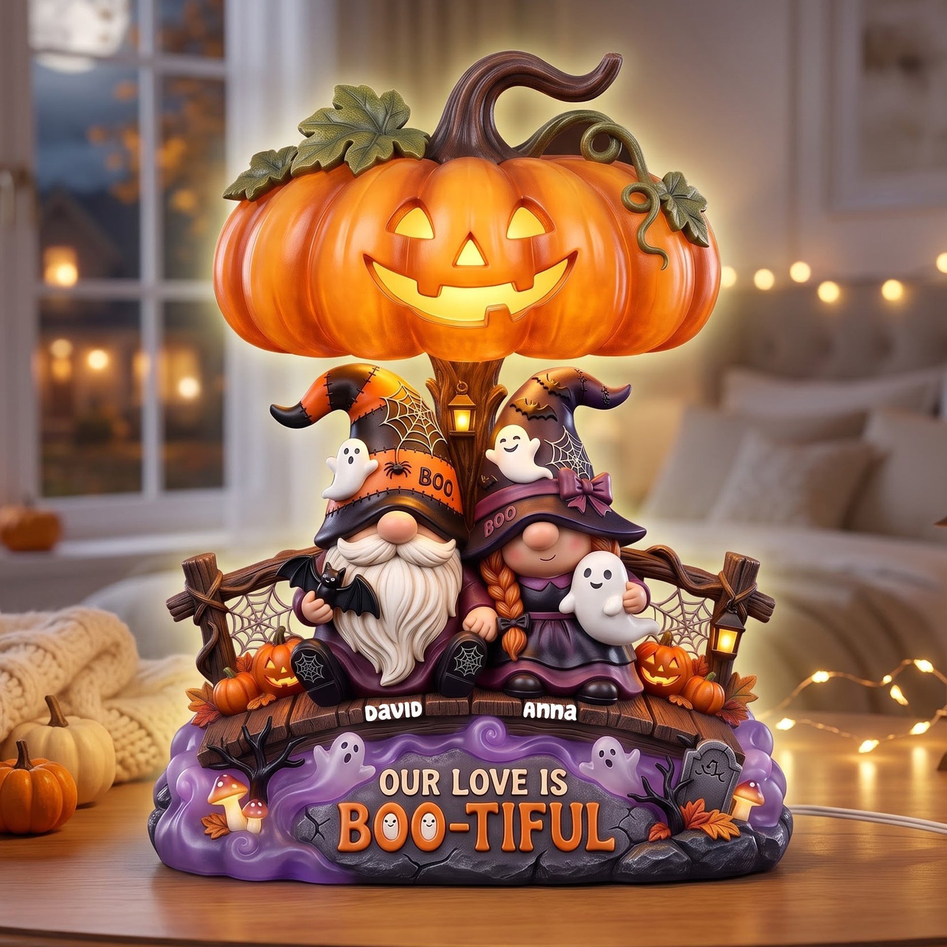 Our Love Is Boo-tiful Gnome Couple Acrylic Light Box - Personalized Gifts