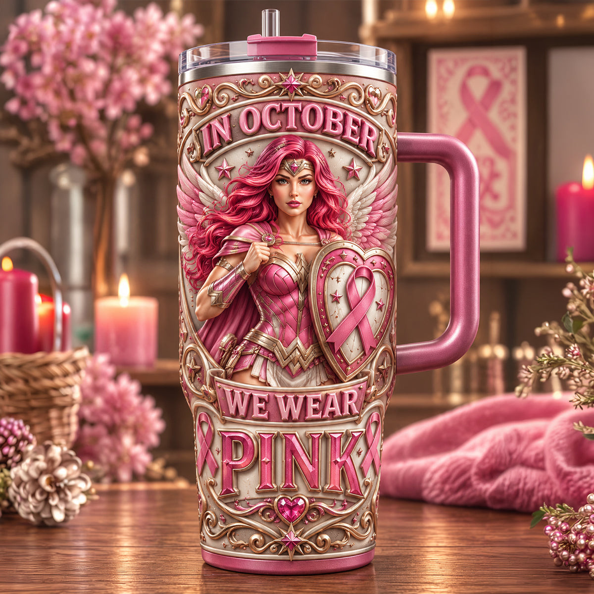 In October We Wear Pink Colorful 40oz Tumbler With Handle - Personalized Gifts For Cancer Awareness