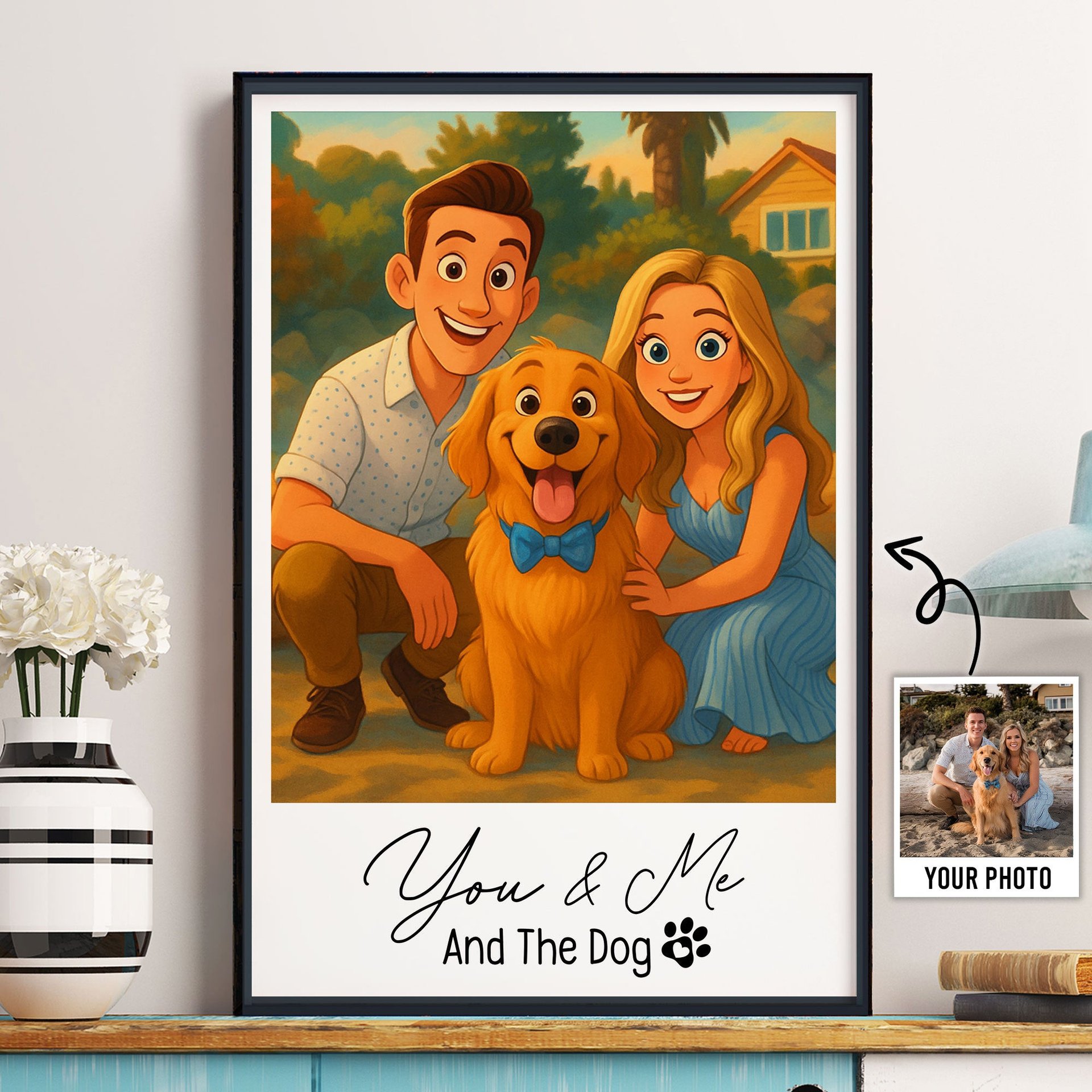 You & Me And The Dog, Cartoon Portrait For Couples - Personalized Photo Poster