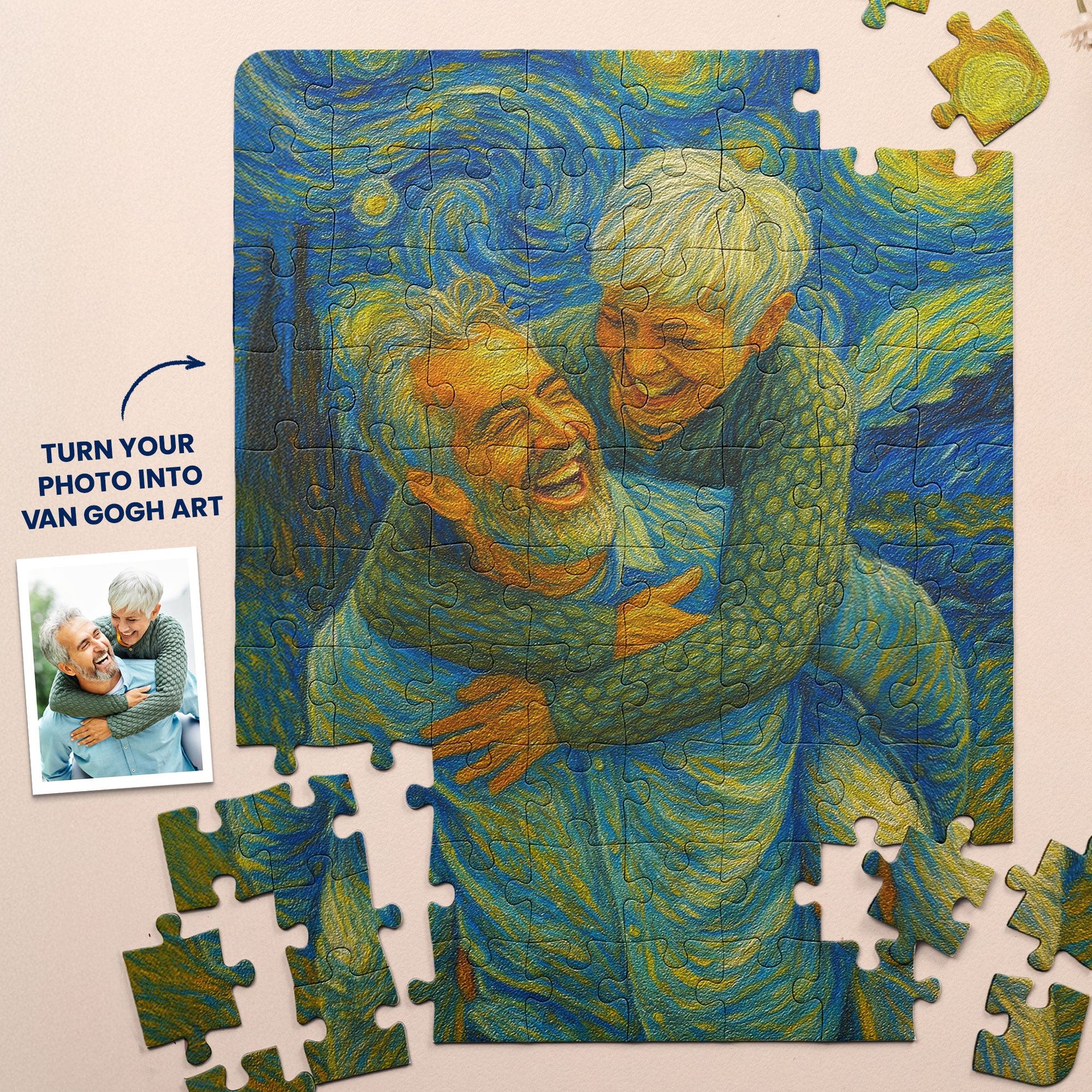 Custom Couple Portrait Van Gogh Art - Personalized Photo Jigsaw Puzzle