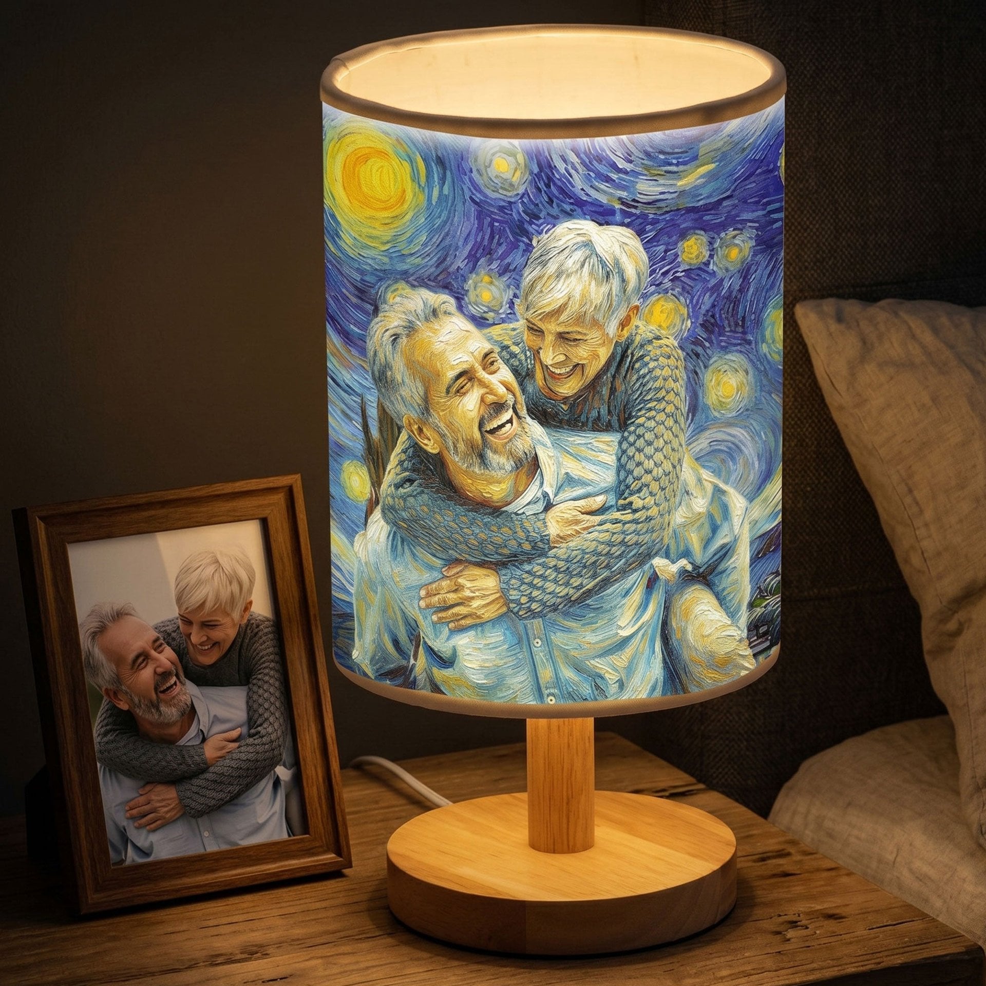 Custom Couple Photo Van Gogh Art Anniversary Gift For Her, Him - Personalized Fabric Lamp