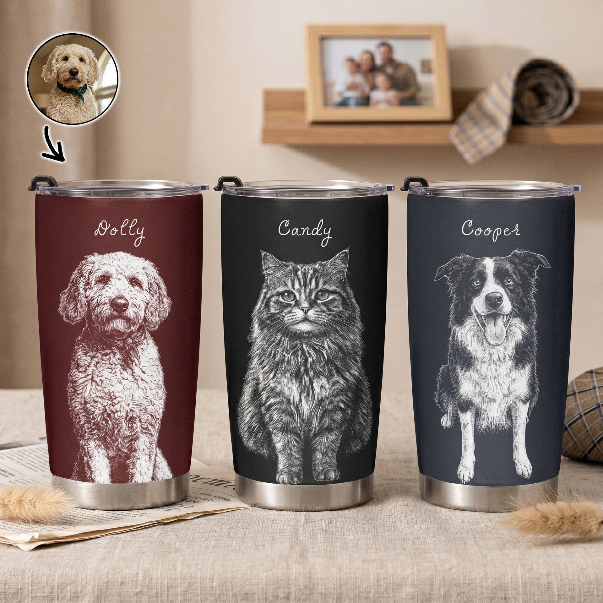 Custom Pet Portrait Sketch Art Gift For Dog Lovers, Cat Lovers - Personalized Tumbler Cup