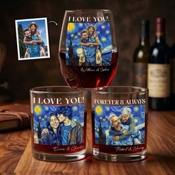 Forever & Always Couple Photo Van Gogh Art - Personalized Whiskey Glass And Wine Glass Set – view 2