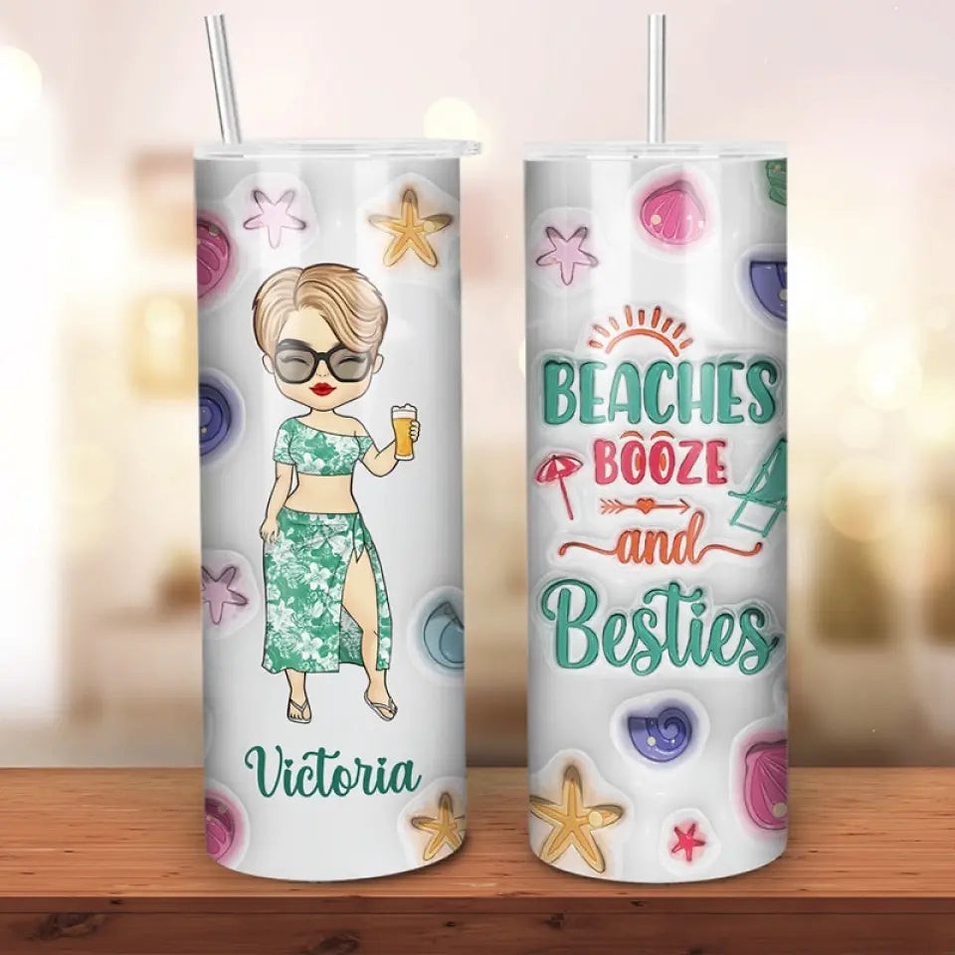 Beaches Booze And Besties - Bestie Personalized Custom 3D Inflated Effect Printed Skinny Tumbler - Summer Vacation Gift For B