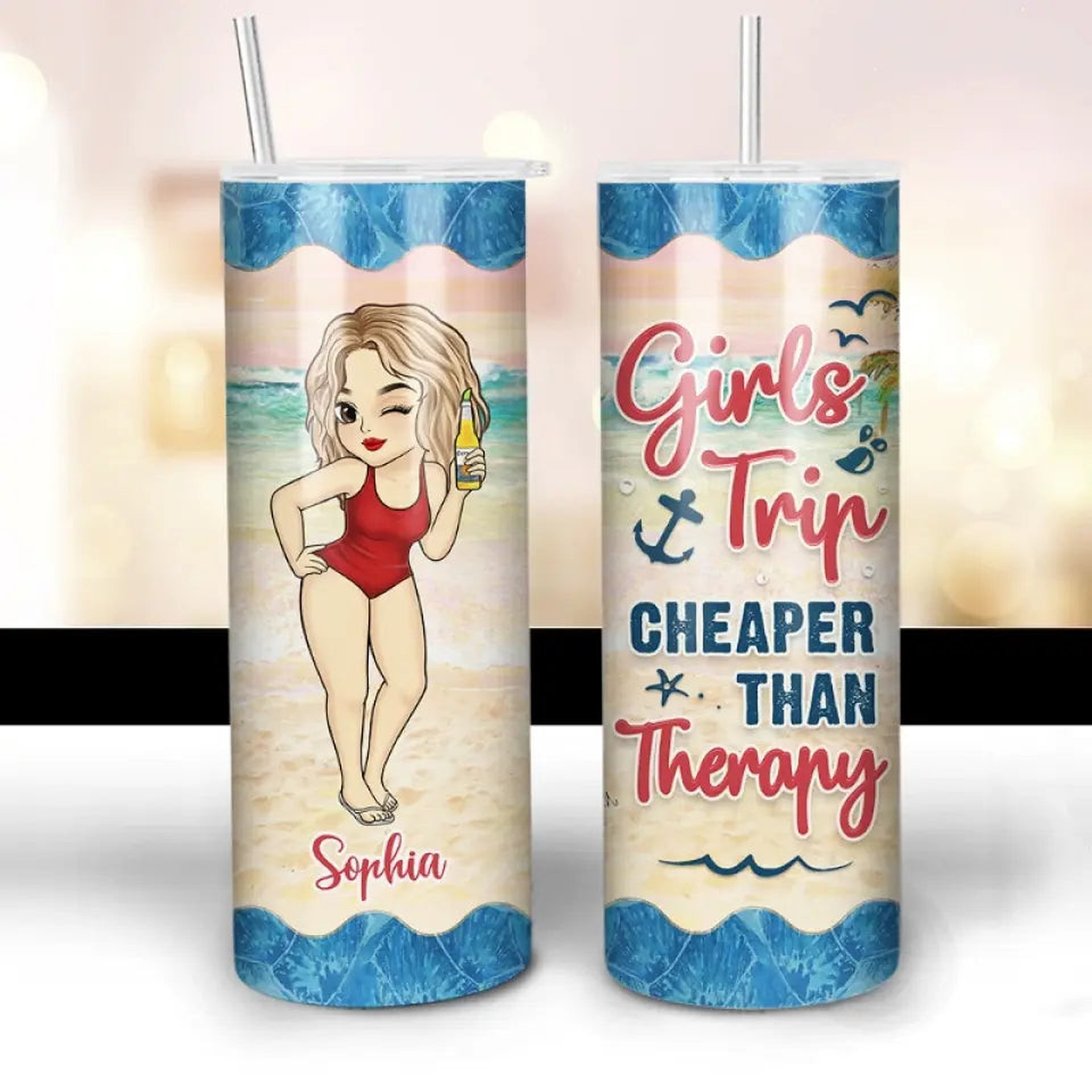 Girls Trip Cheaper Than Therapy - Bestie Personalized Custom Skinny Tumbler - Summer Vacation Gift For Best Friends, BFF, Sis