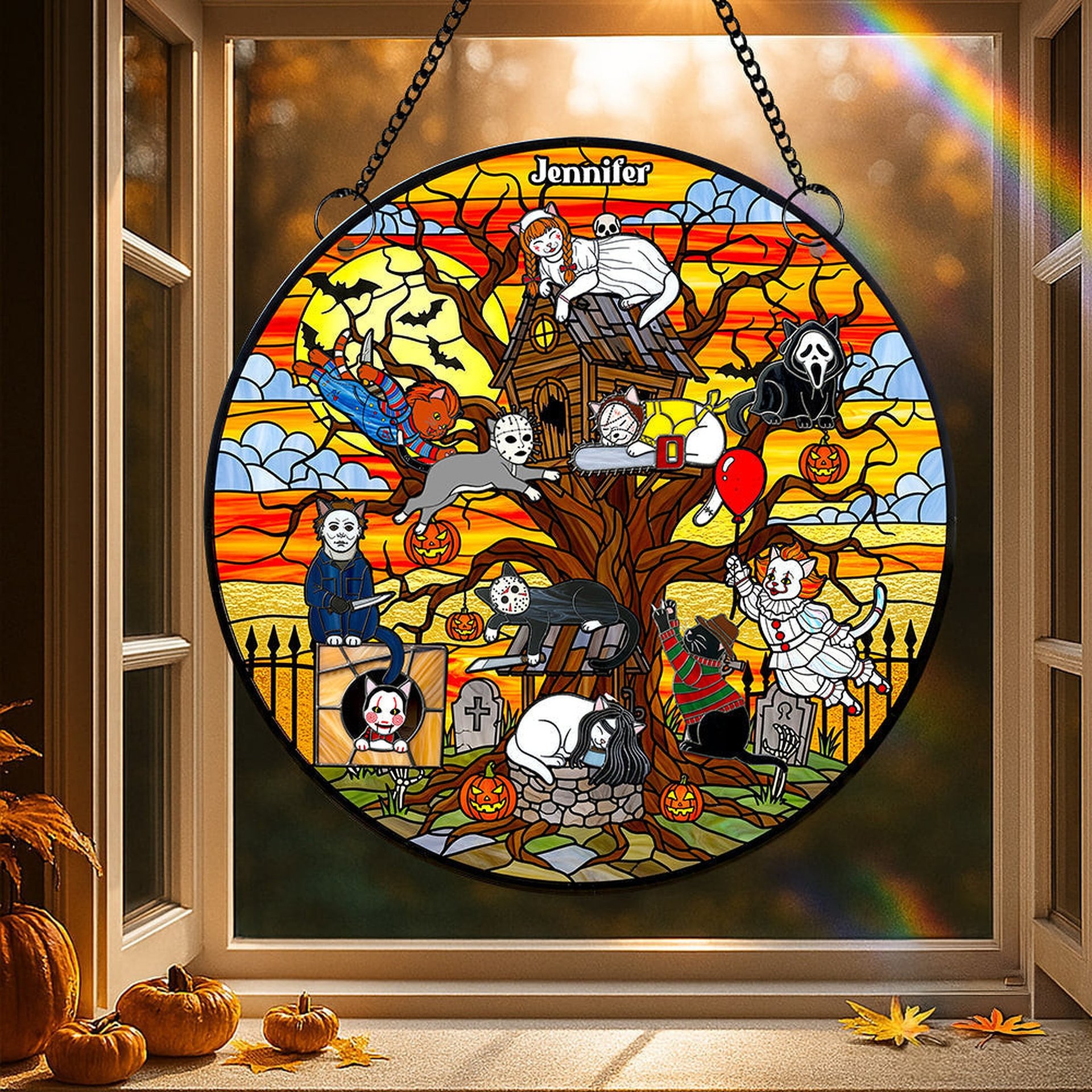Creepy Cat Suncatcher Ornament, Personalized Gifts For Cat Lovers & Horror Fans - Photo 1
