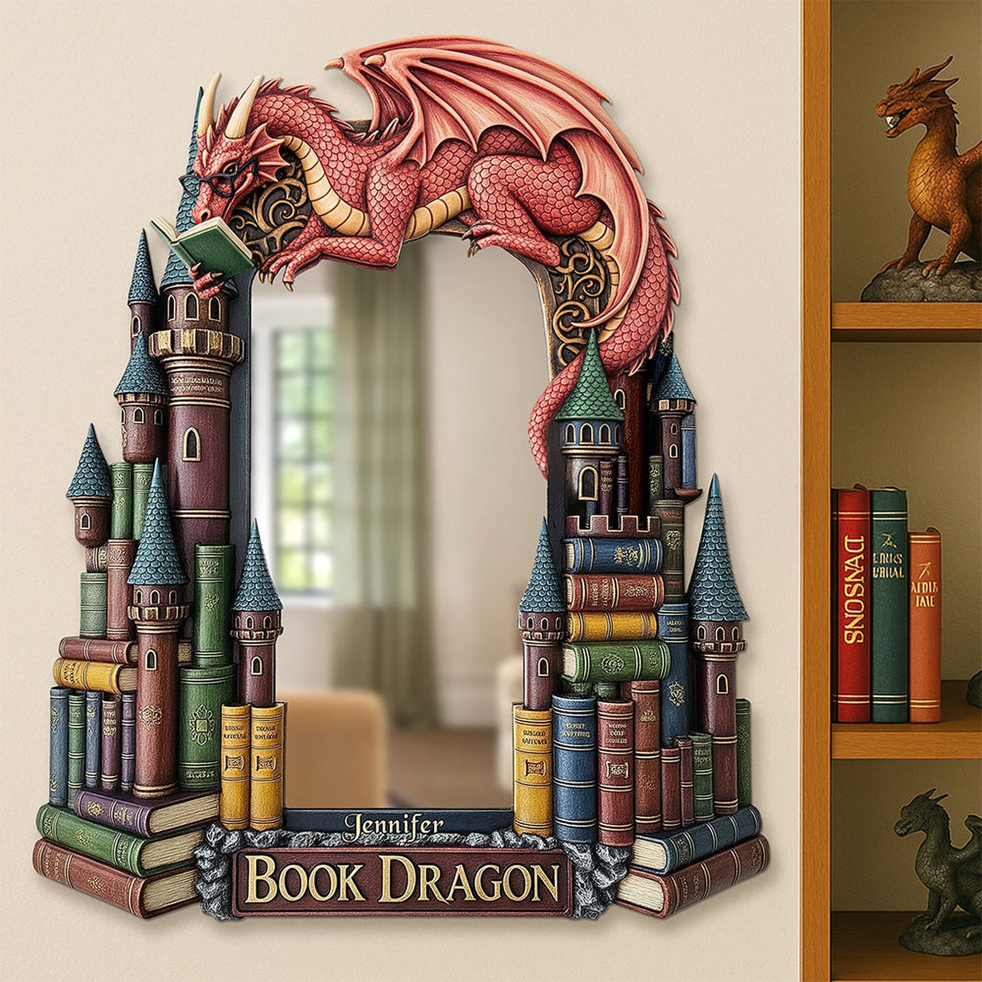 Dragon Reading Books Mirror, Personalized Gifts For Fantasy Books Lovers - Photo 1