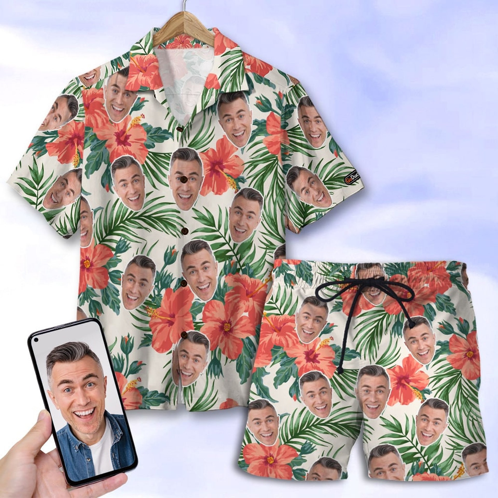 Custom Hawaiian Shirt and Beach Shorts, Gift For Him, Laughing Man