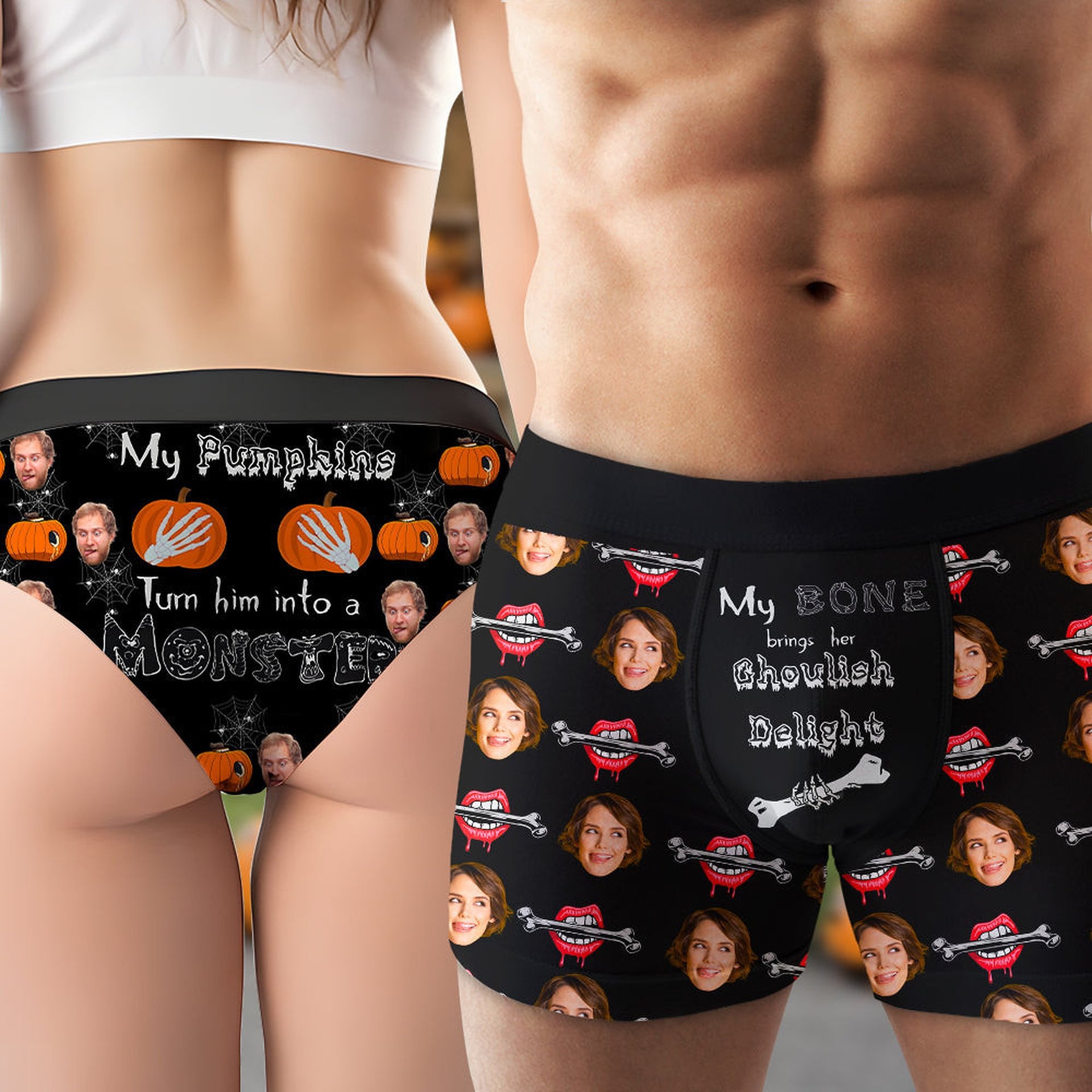Custom Photo Gifts For Couple Men's Boxers and Women's Brief Halloween Pumpkin Bone