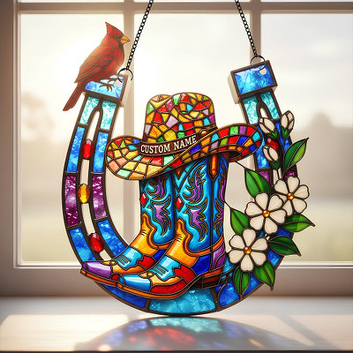 Cowboy Boots & Horseshoe Suncatcher Ornament Personalized Gifts For Horse Lovers - Photo 1