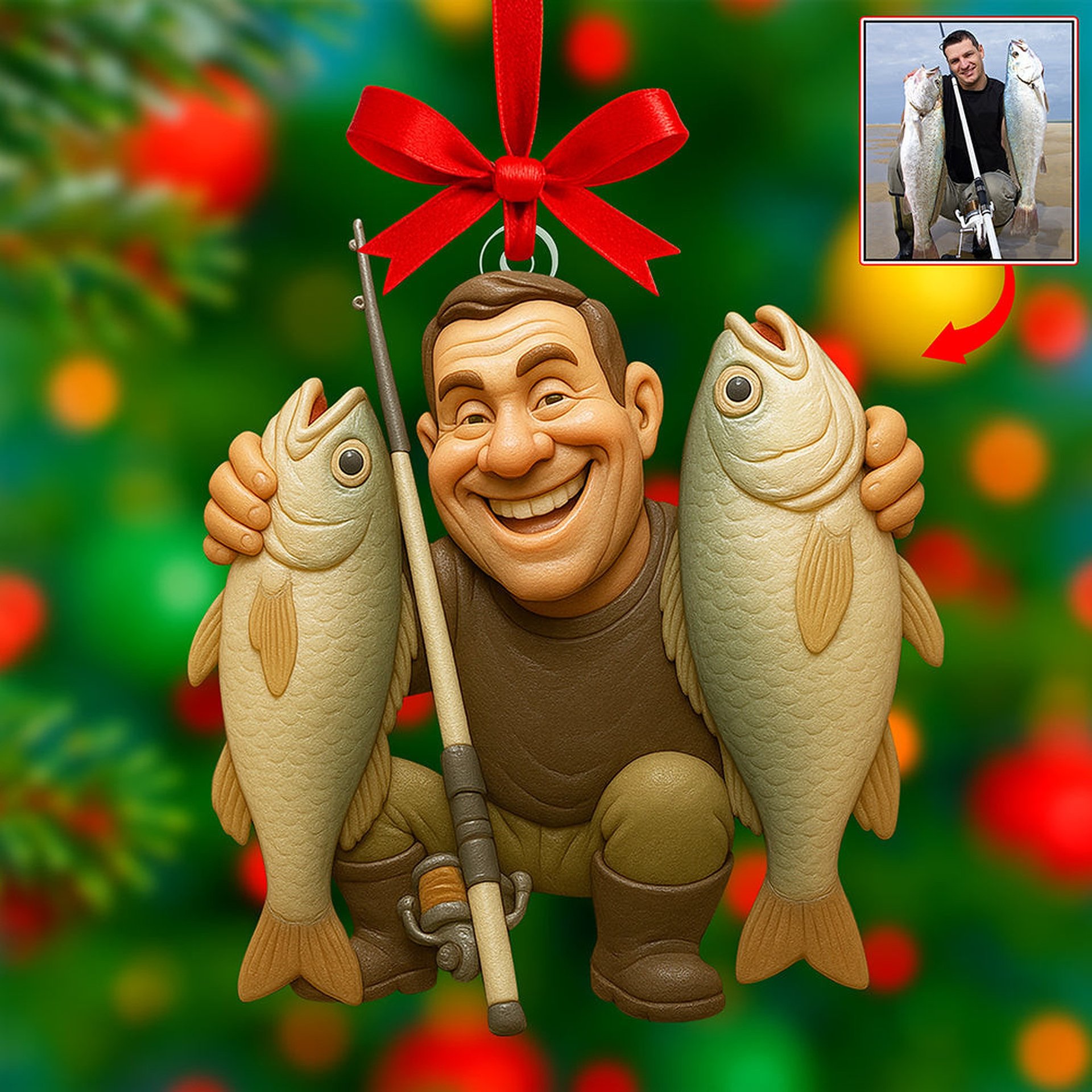Funny Caricature Christmas Ornament – Custom Photo Gifts for Fishing Lovers
