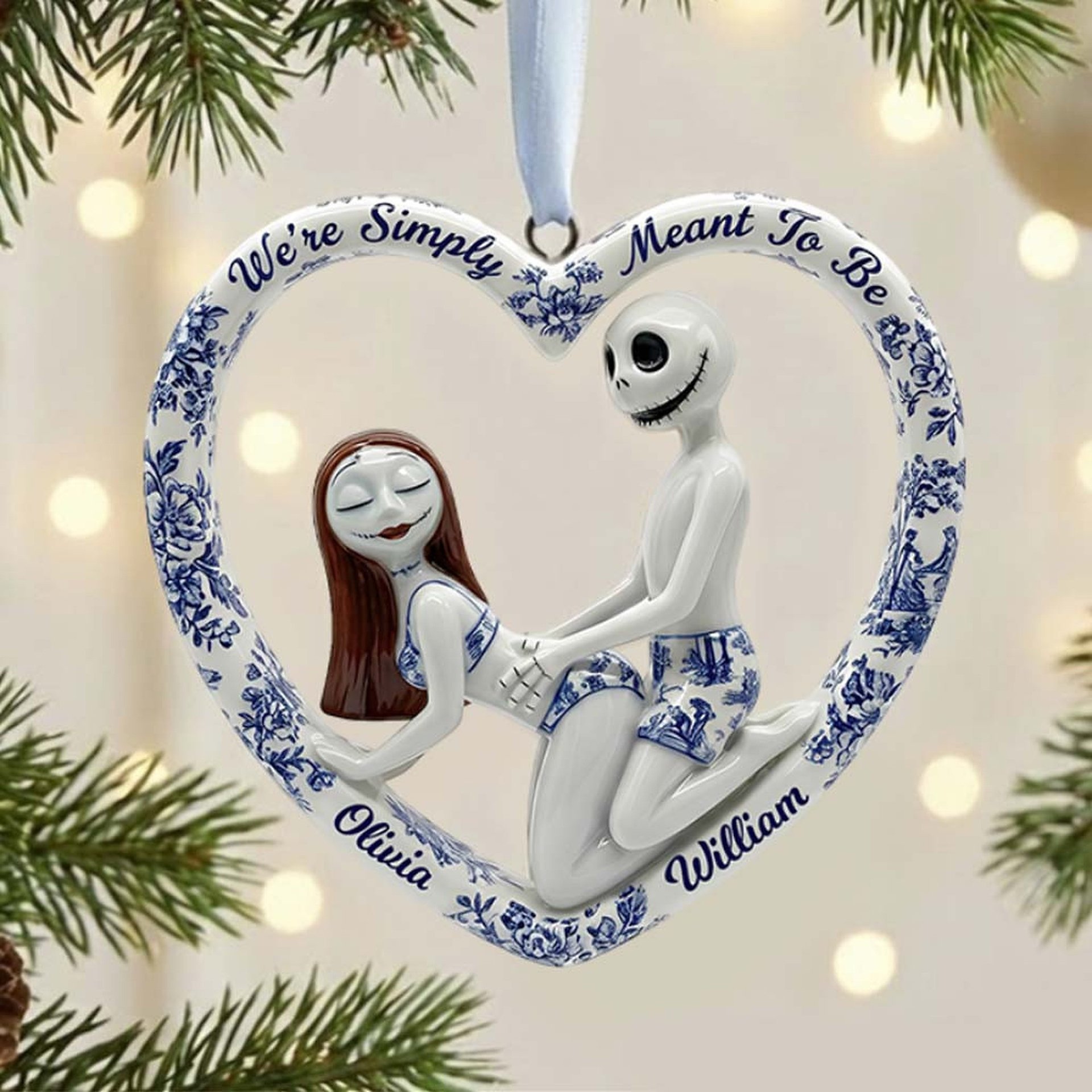 Blue Toile De Jouy Naughty Skeleton - Personalized Nightmare Ornament