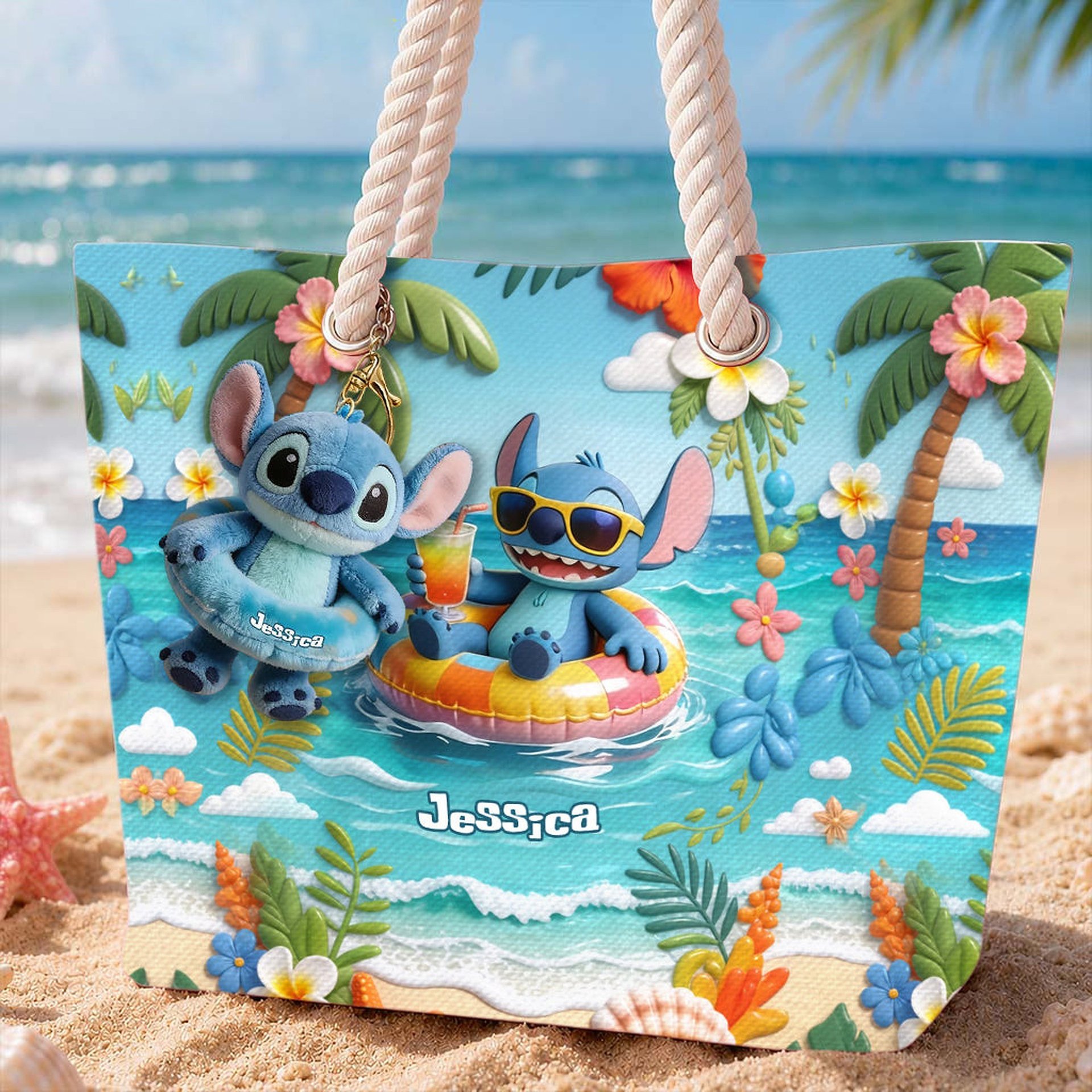 Blue Monster Summer Vibes - Personalized Ohana Beach Bag With Plush Charm