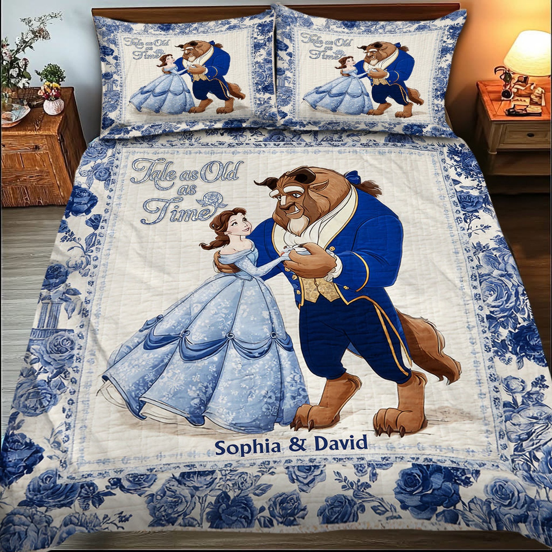 Tale as Old as Time - Couple Gift Toyle De Jouy Style - Personalized Couple Quilt Set
