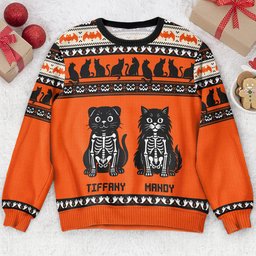Pumpkins Cats Dogs Skeleton Halloween Fall Witch - Personalized Halloween Sweater - Photo 1