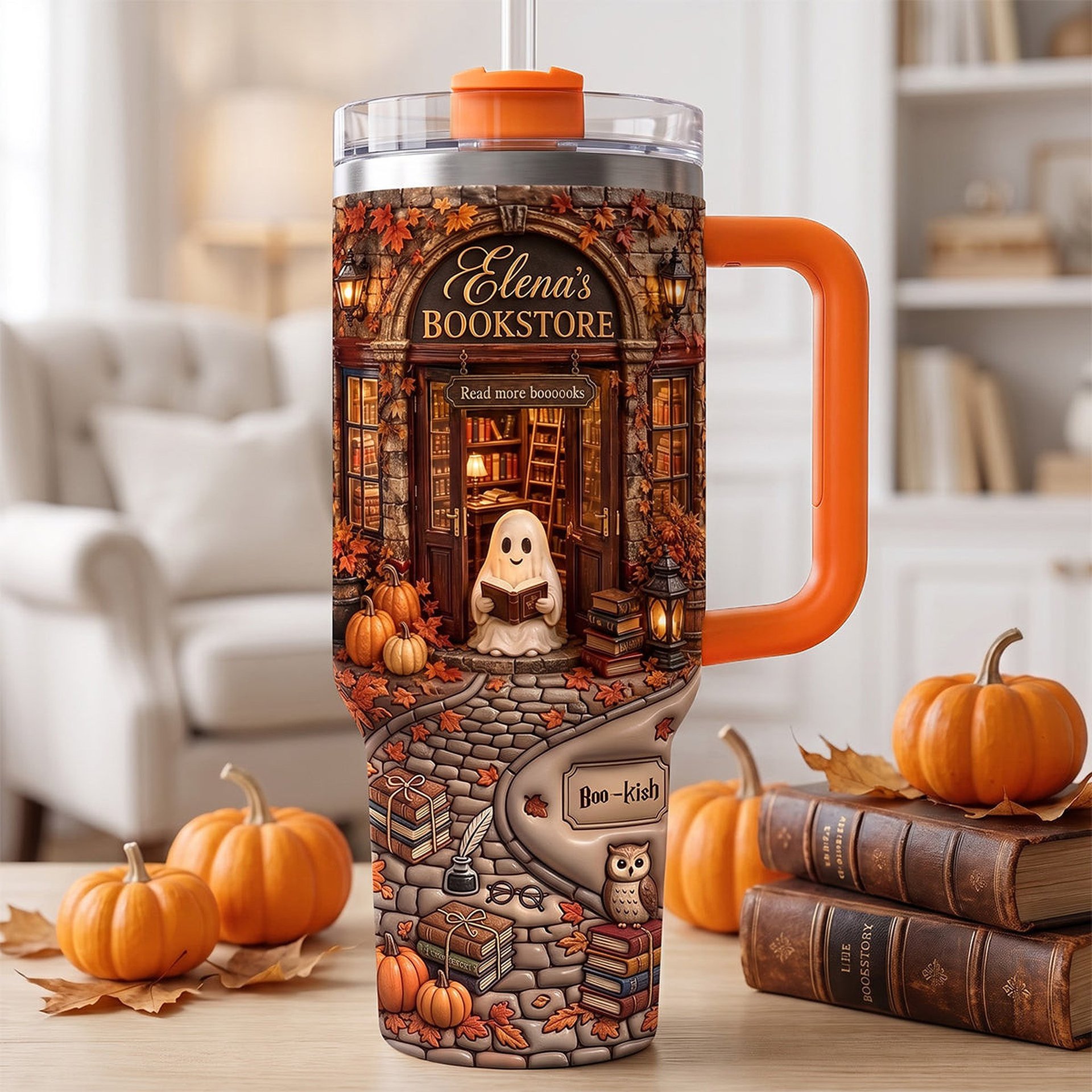 Autumn Boo Bookaholic 40oz Tumbler With Handle, Personalized Gifts For Book Lovers