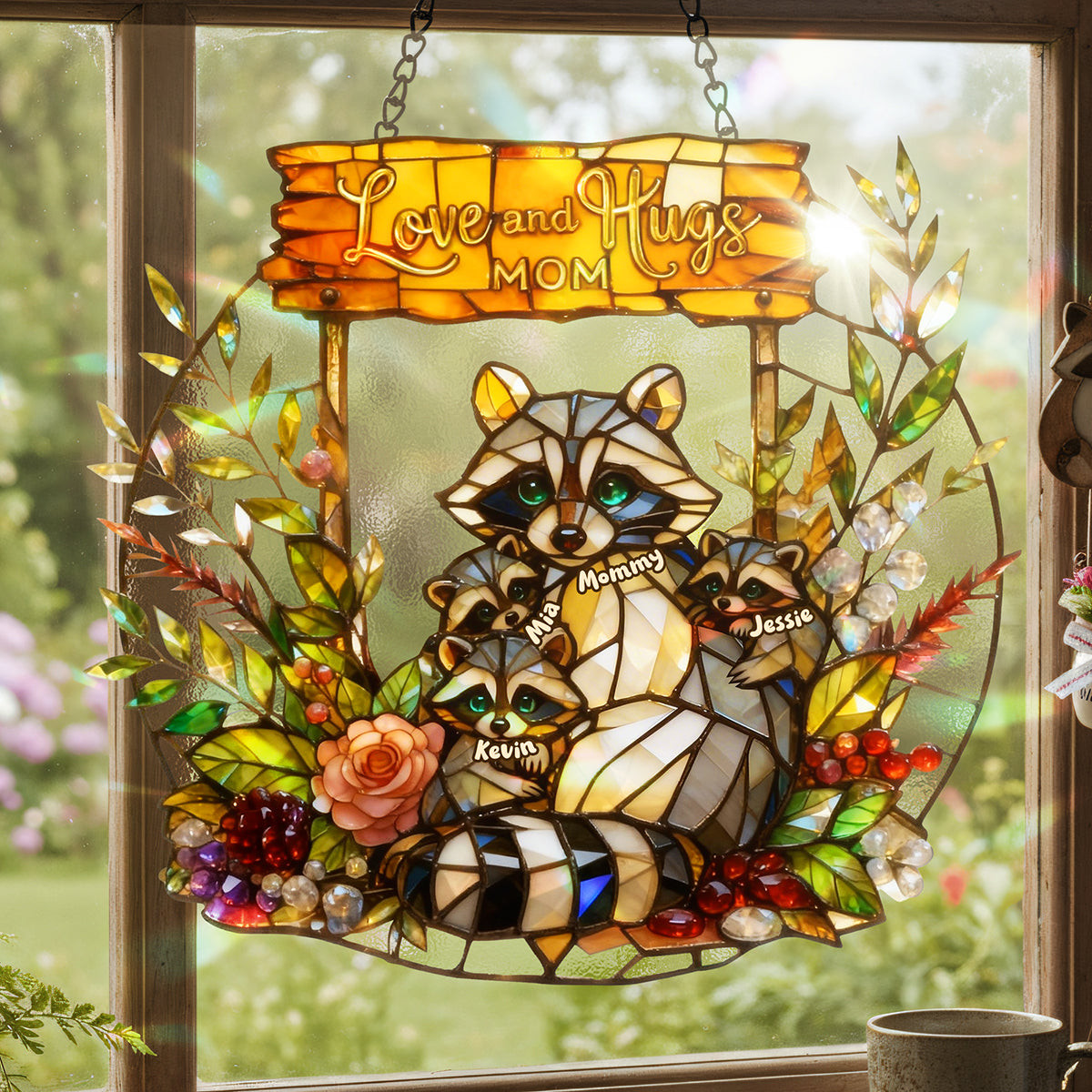 Raccoon Mom and Kids Suncatcher Ornament – Personalized Gifts For Mom - Photo 1