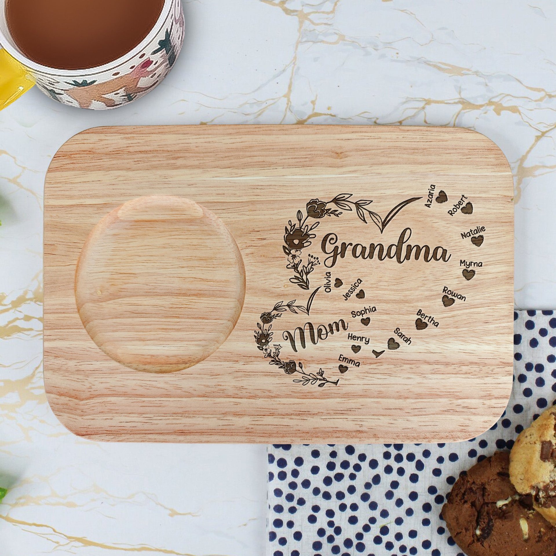 First Mom Now Grandma Floral - Custom Engraved Wooden Tea & Biscuit Board - Photo 1