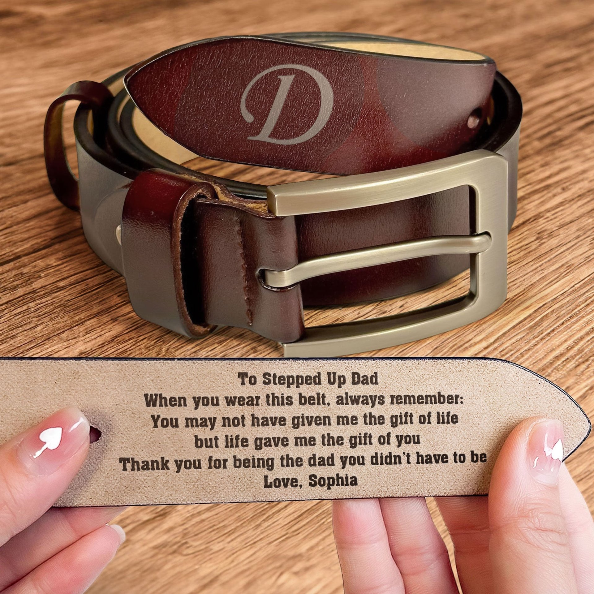 To Stepped Up Dad Life Gave Me The Gift Of You - Personalized Engraved Leather Belt - Photo 1