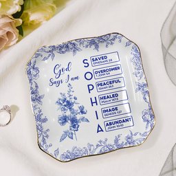 God Says I Am Name Letter In Bible Toile De Jouy Style - Personalized Jewelry Dish - Photo 2