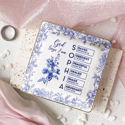 God Says I Am Name Letter In Bible Toile De Jouy Style - Personalized Jewelry Dish - Photo 3