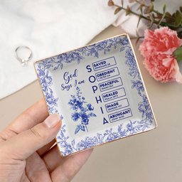 God Says I Am Name Letter In Bible Toile De Jouy Style - Personalized Jewelry Dish - Photo 4