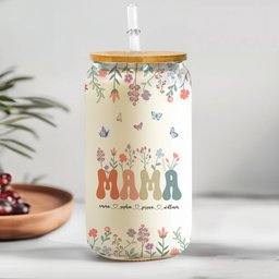 Mama Grandma Mimi Gigi Floral With Kids Names - Personalized Clear Glass Cup - Photo 2