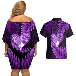 New Zealand Valentine Day Couples Matching Off Shoulder Short Dress and Hawaiian Shirt Aotearoa Warrior Love Story Silver Fern Koru Purple Style LT03