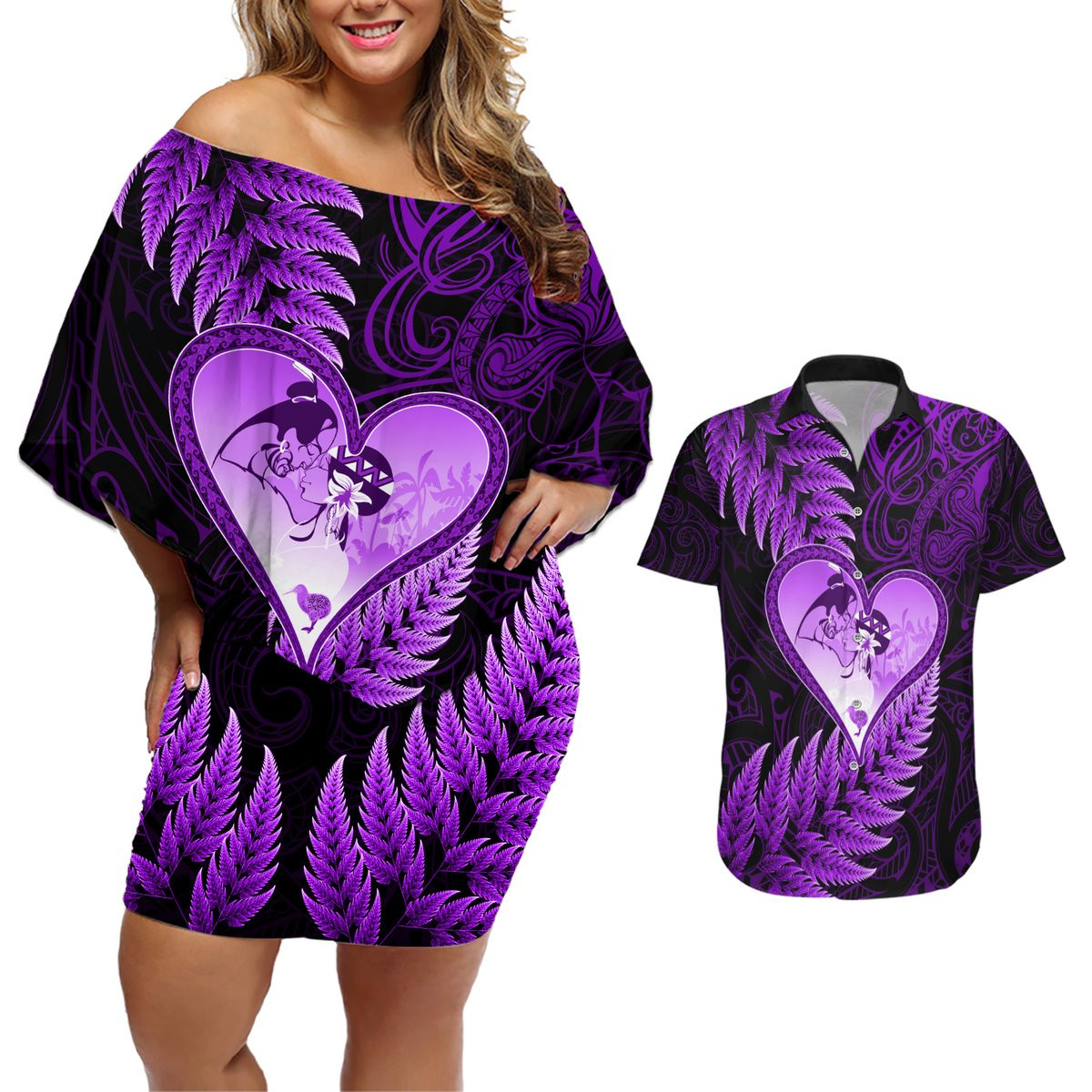 New Zealand Valentine Day Couples Matching Off Shoulder Short Dress and Hawaiian Shirt Aotearoa Warrior Love Story Silver Fern Koru Purple Style LT03