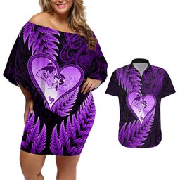 New Zealand Valentine Day Couples Matching Off Shoulder Short Dress and Hawaiian Shirt Aotearoa Warrior Love Story Silver Fern Koru Purple Style LT03