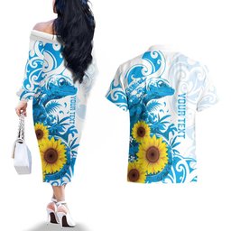 New Zealand Autism Awareness Month Couples Matching Off The Shoulder Long Sleeve Dress and Hawaiian Shirt Takiwatanga Maori Lizard With Sunflower LT14