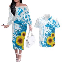 New Zealand Autism Awareness Month Couples Matching Off The Shoulder Long Sleeve Dress and Hawaiian Shirt Takiwatanga Maori Lizard With Sunflower LT14