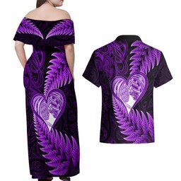 New Zealand Valentine Day Couples Matching Off Shoulder Maxi Dress and Hawaiian Shirt Aotearoa Warrior Love Story Silver Fern Koru Purple Style LT03