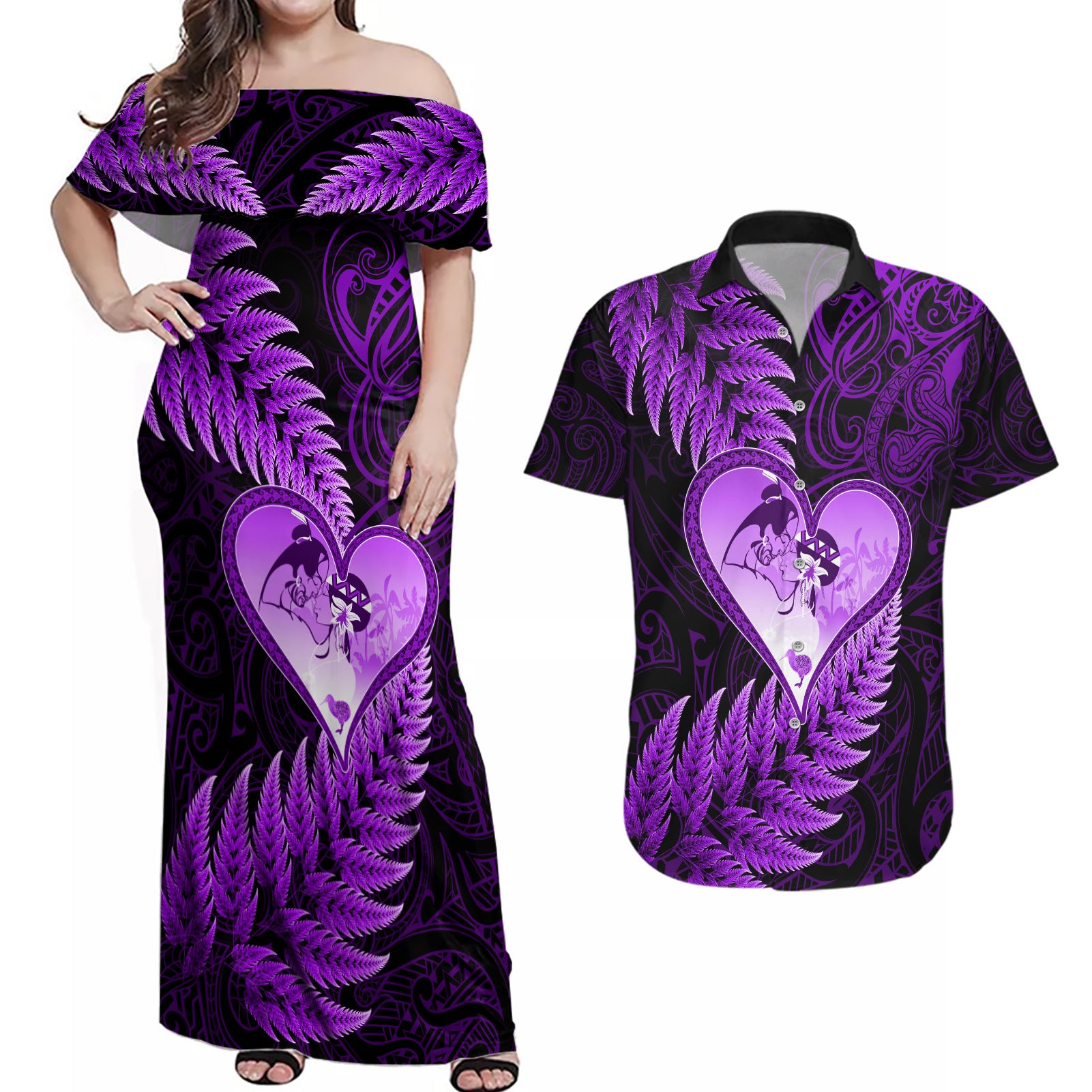 New Zealand Valentine Day Couples Matching Off Shoulder Maxi Dress and Hawaiian Shirt Aotearoa Warrior Love Story Silver Fern Koru Purple Style LT03