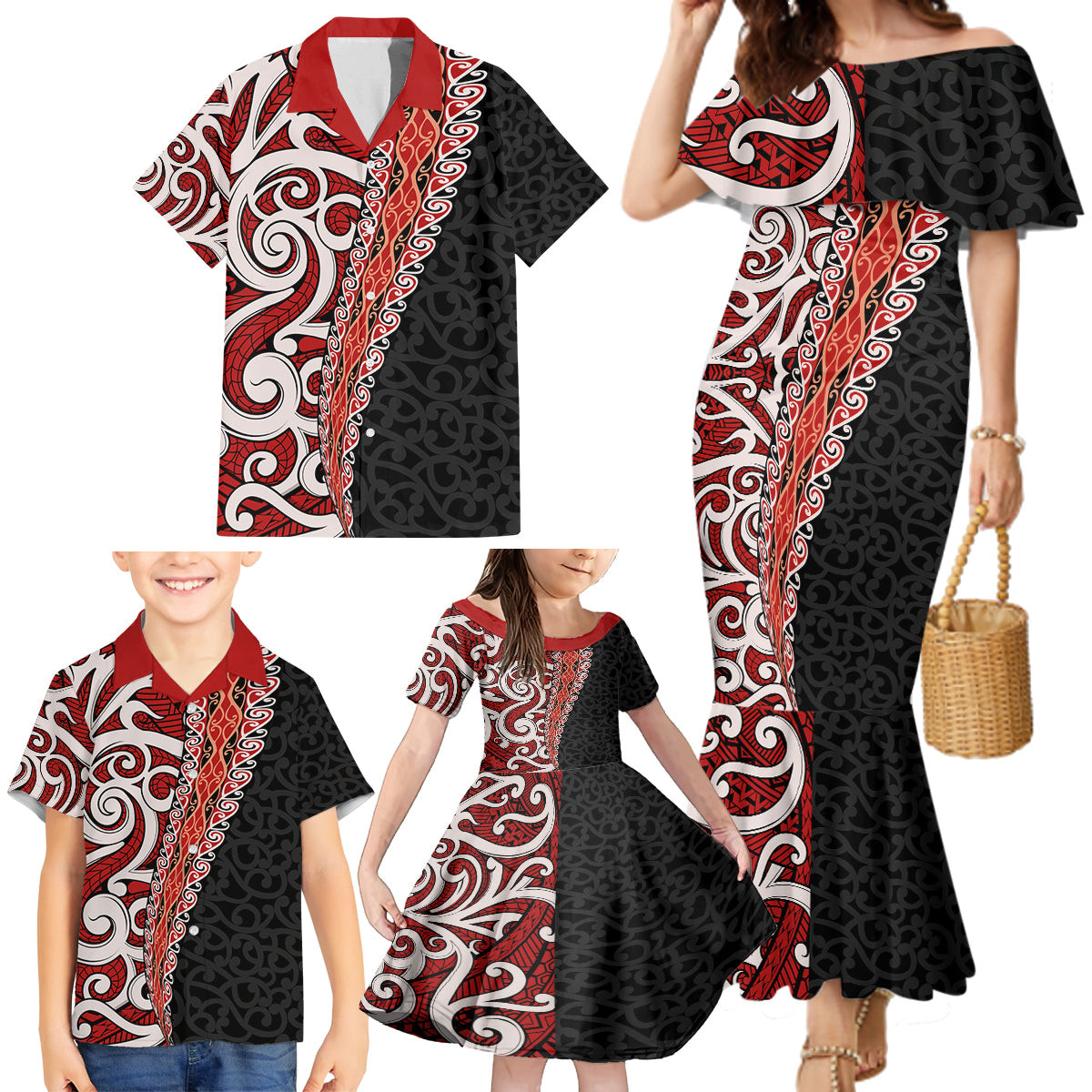New Zealand Maori Stylized Koru Family Matching Mermaid Dress and Hawaiian Shirt LT03