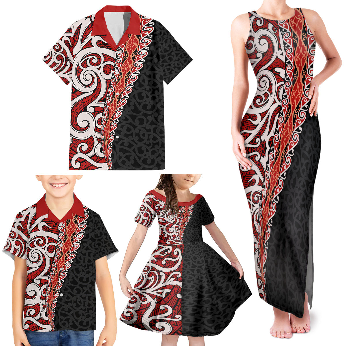 New Zealand Maori Stylized Koru Family Matching Tank Maxi Dress and Hawaiian Shirt LT03