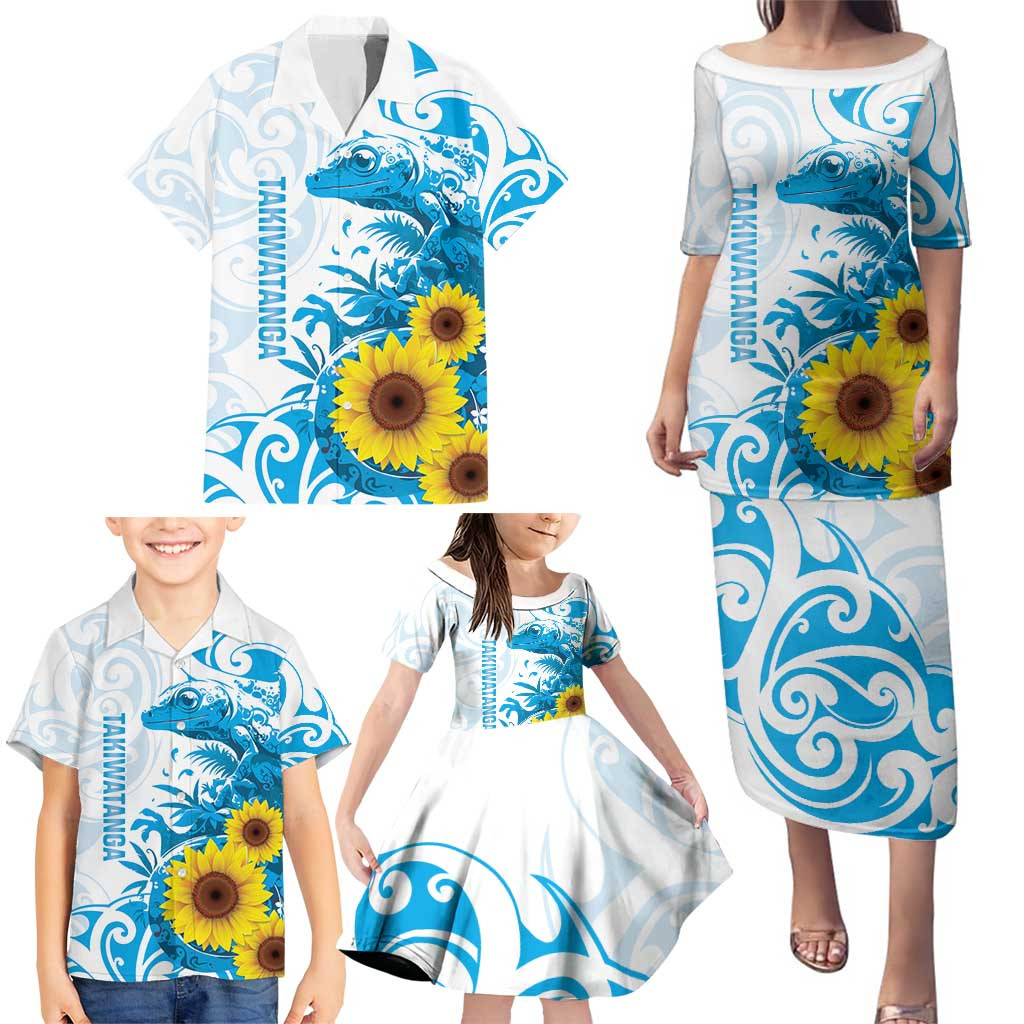 New Zealand Autism Awareness Month Family Matching Puletasi and Hawaiian Shirt Takiwatanga Maori Lizard With Sunflower LT14