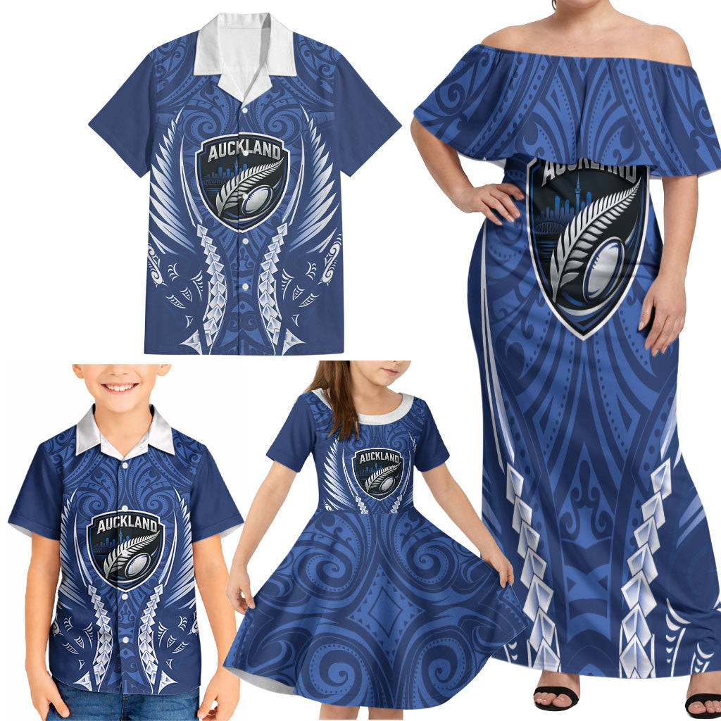 New Zealand Auckland 2026 Rugby Custom Family Matching Off Shoulder Maxi Dress and Hawaiian Shirt NZ Maori Silver Fern LT14