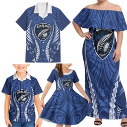 New Zealand Auckland 2026 Rugby Custom Family Matching Off Shoulder Maxi Dress and Hawaiian Shirt NZ Maori Silver Fern LT14