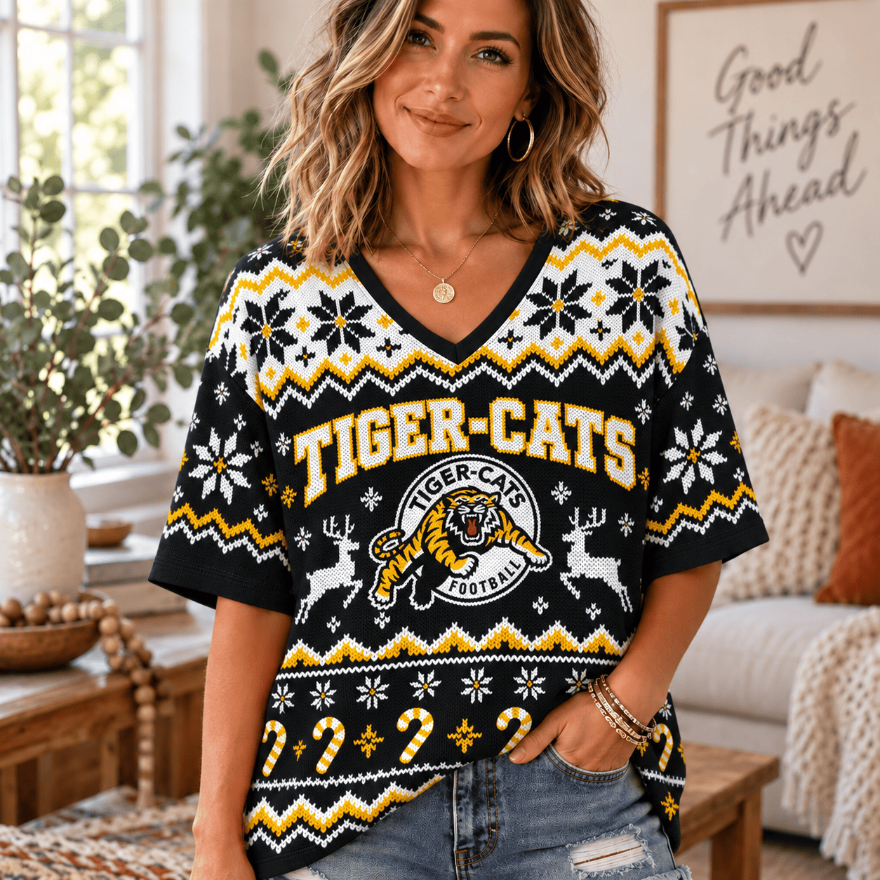 Hamilton Tiger-Cats CFL Woman V-Neck Shirt Christmas For Fan