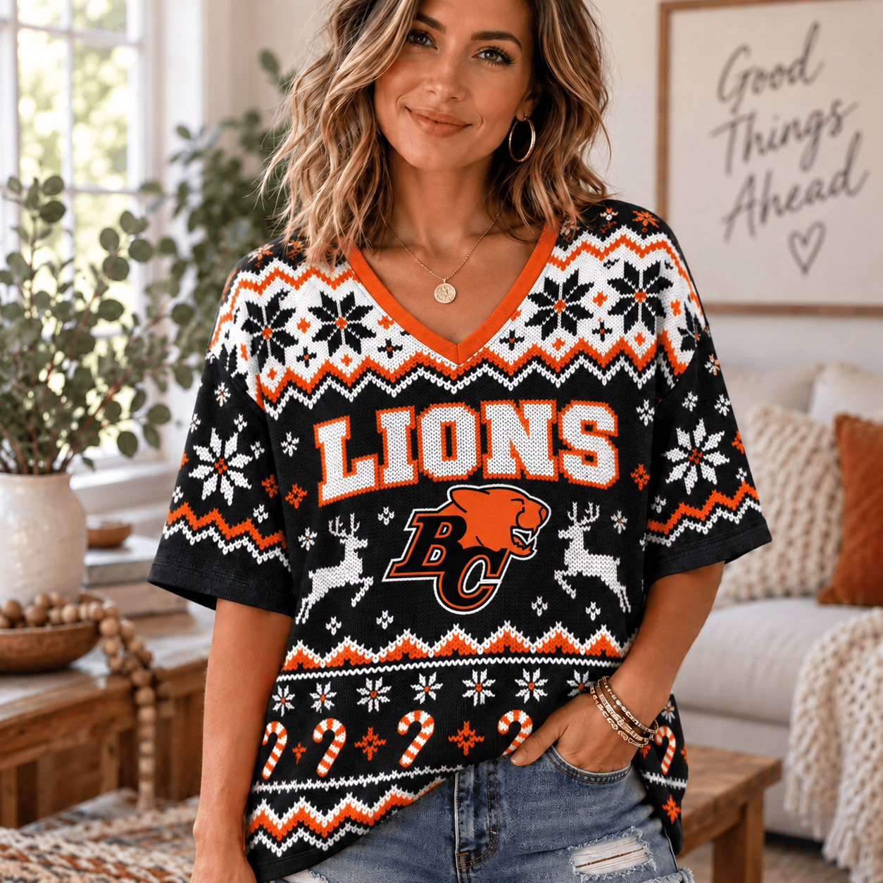 BC Lions CFL Woman V-Neck Shirt Christmas For Fan